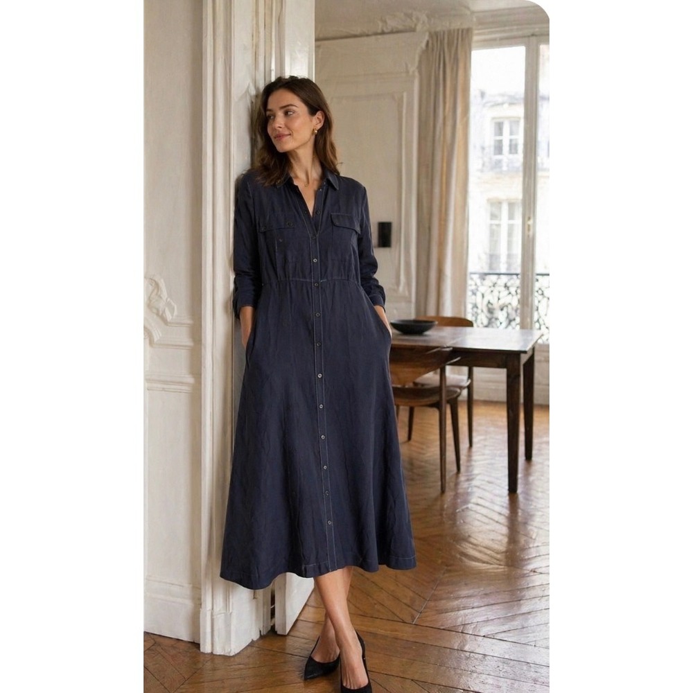 J Jill Womens Petite Med Gray Button Down Midi Shirt Dress Contrast Stitch NWT